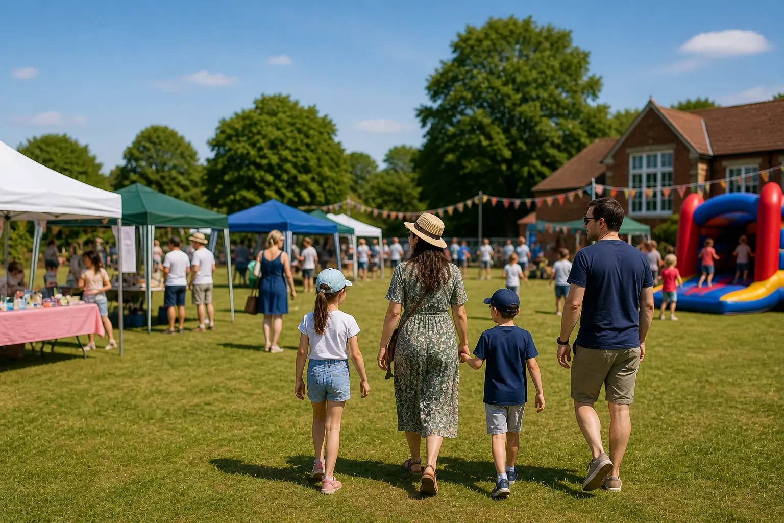 Families enjoying a busy school summer fair with stalls and activities