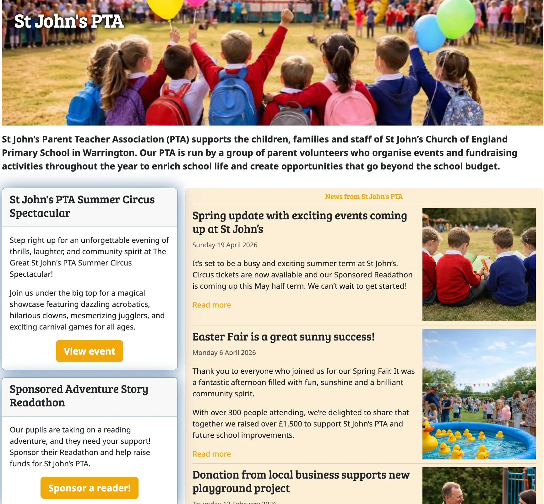 Example Fundraisy PTA website with events, donations and updates